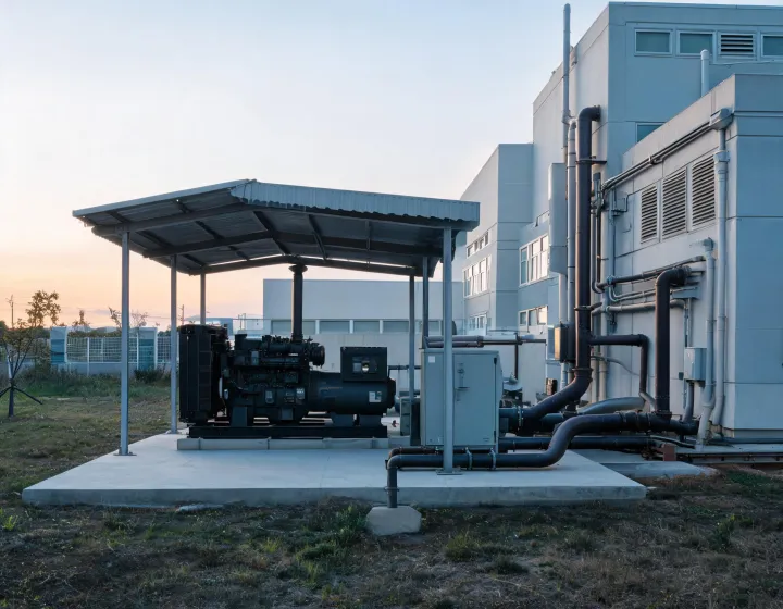 Commercial standby generator beside an operating facility